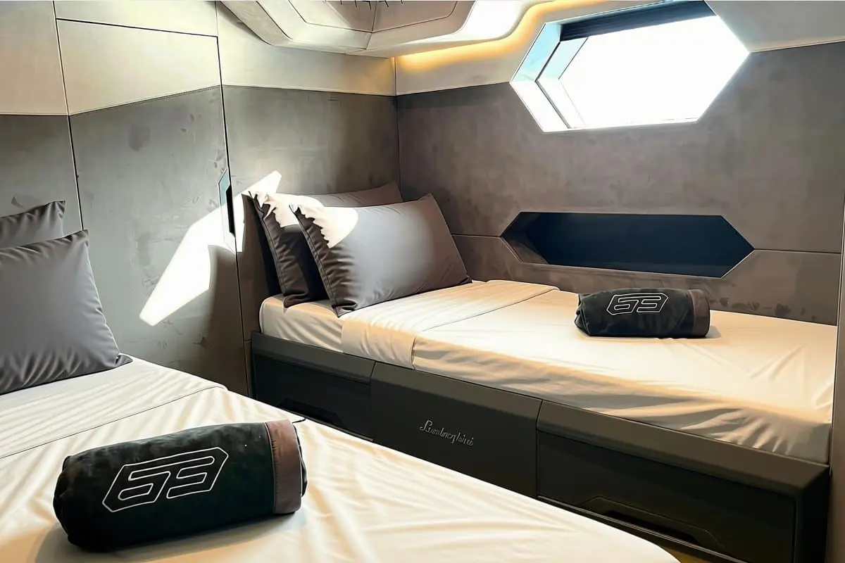 Tecnomar Lamborghini 63 guest cabin with two single berths