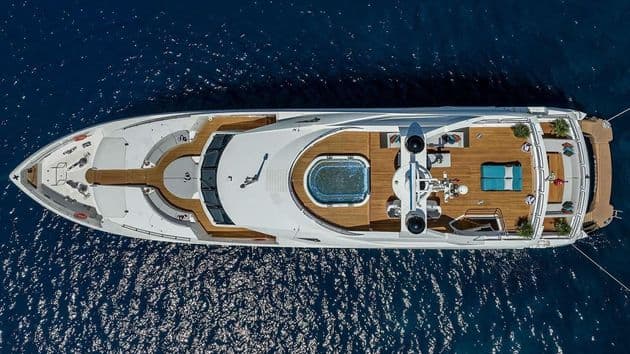 Sunseeker 37M top-down aerial over sundeck, jacuzzi and foredeck