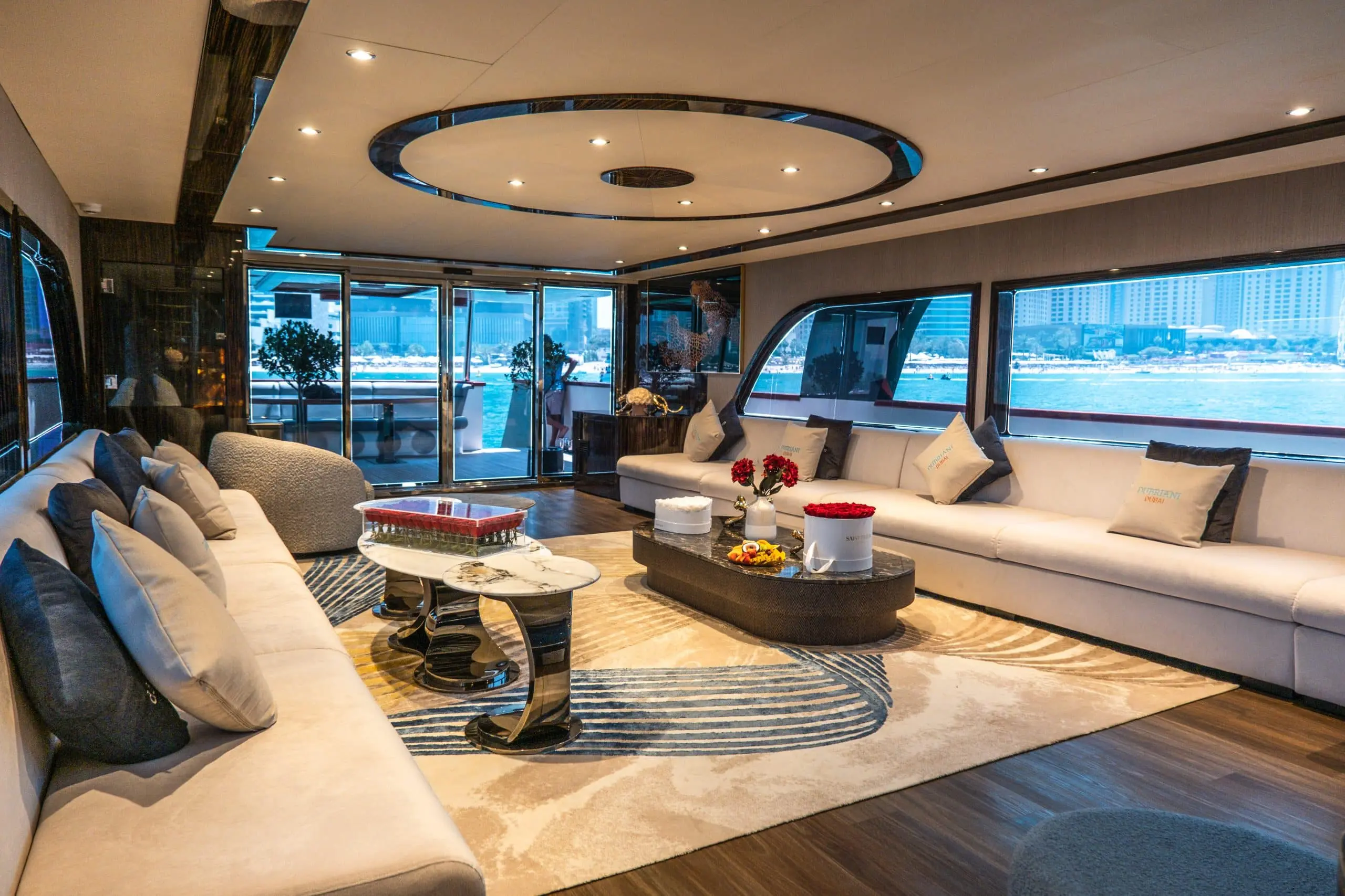 Elegant yacht living space on Sapphire 150 Dubai charter