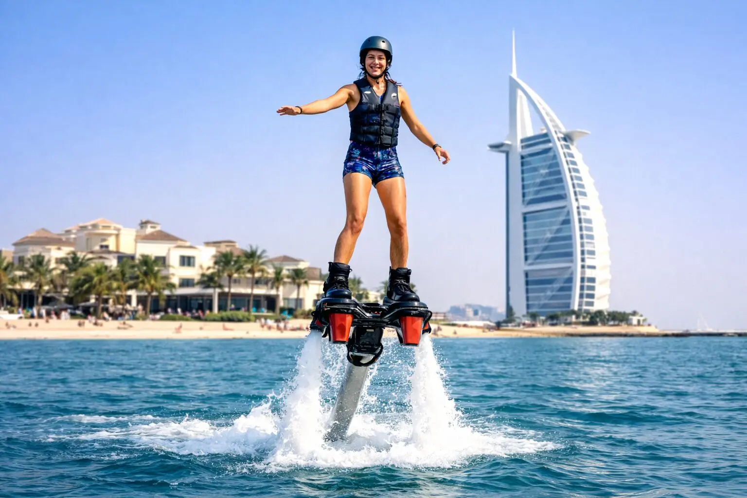 Woman enjoying fly board water sports near Burj Al Arab in Dubai