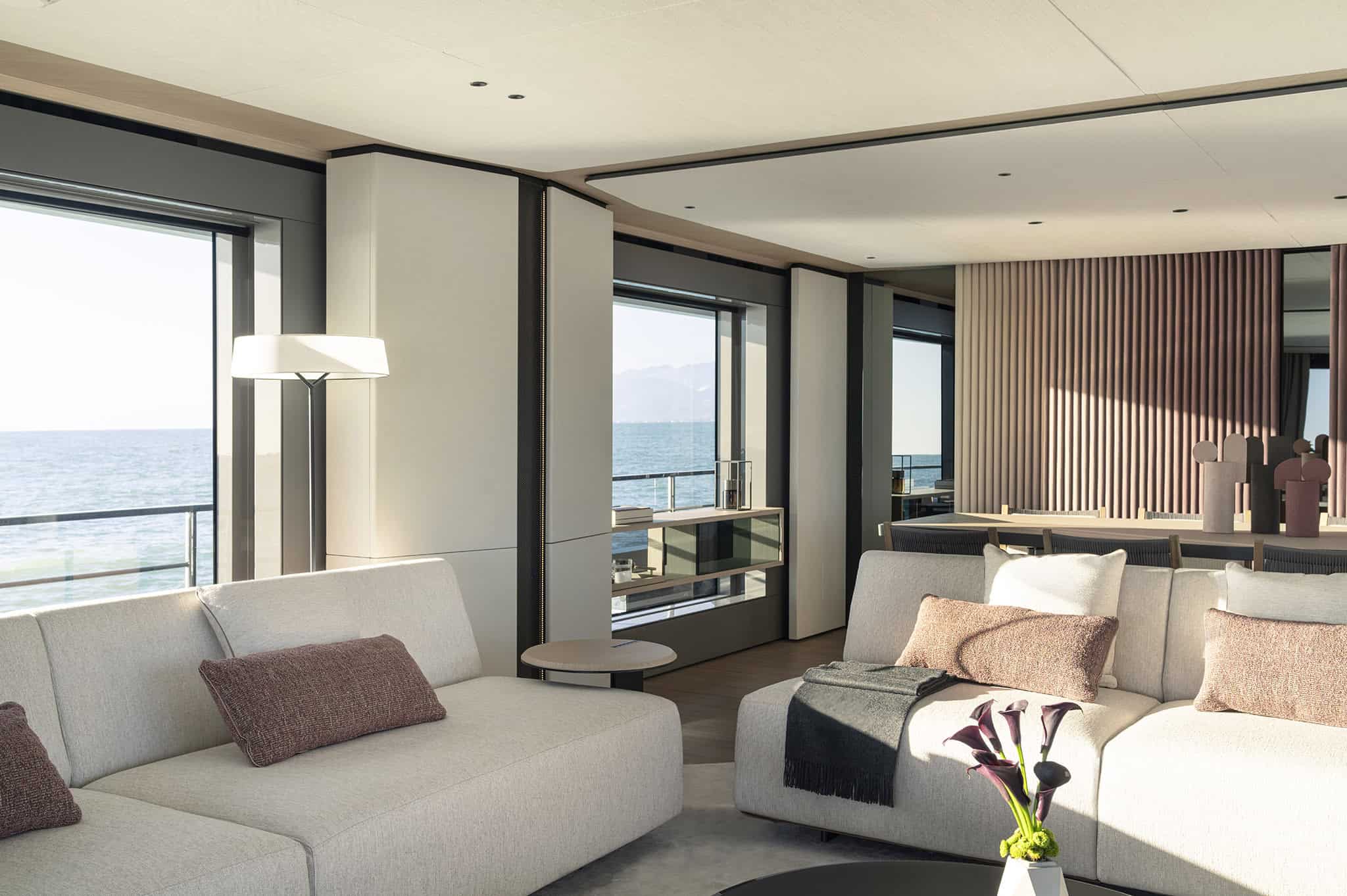 Azimut Grande 36M salon corner lounge with sea-view windows, shipyard photo