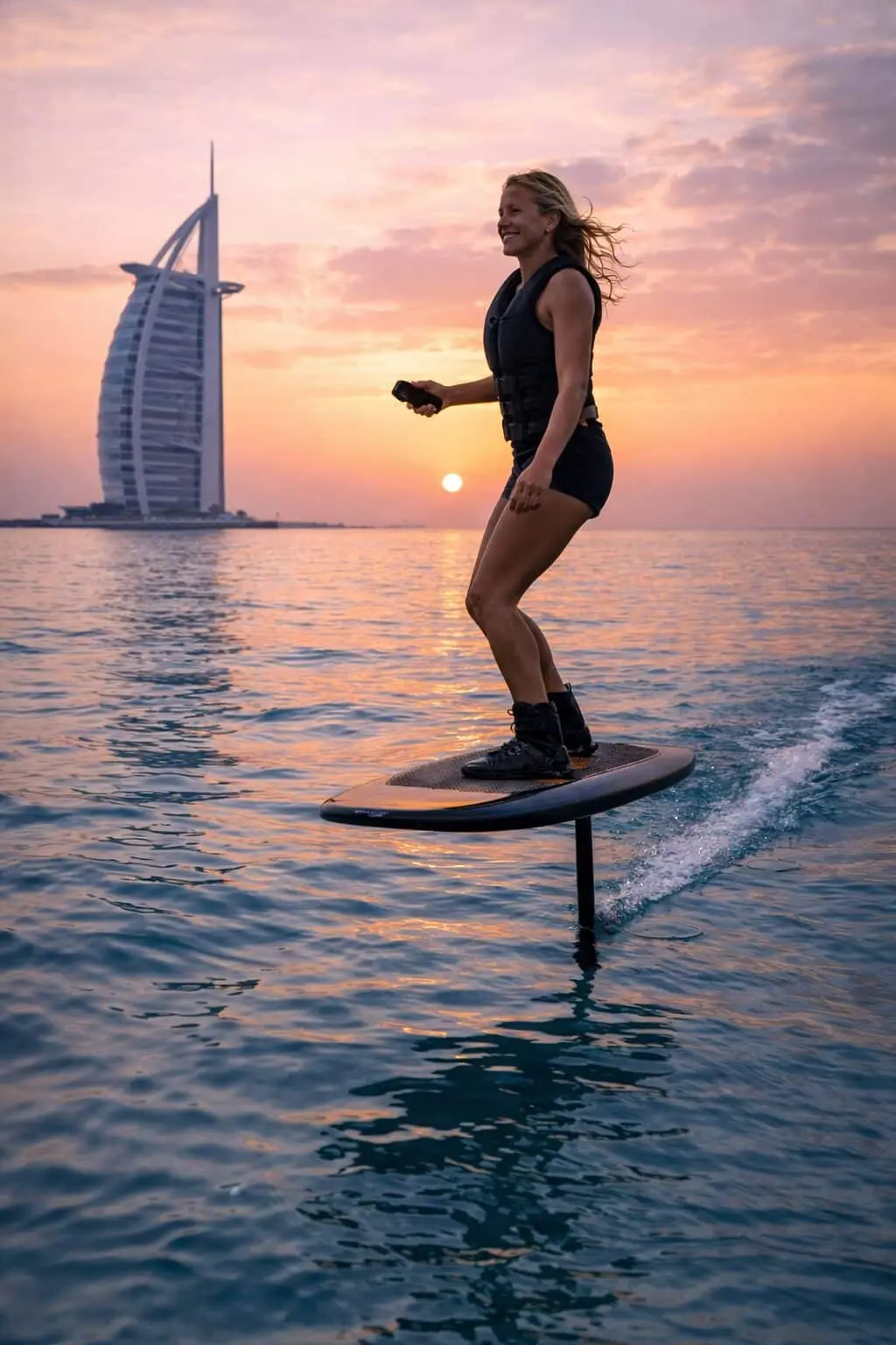Woman riding an efoil board at sunset with Burj Al Arab in the background