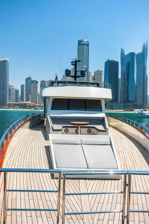 Upper deck sun lounge on Sapphire 150 Yacht Dubai Marina