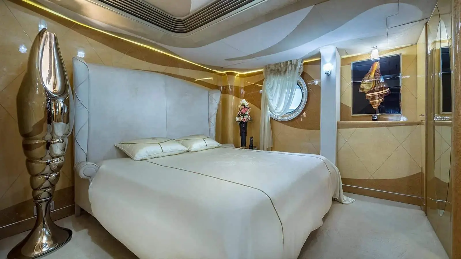 Thunder Superyacht VIP cabin with king size bed and modern lighting