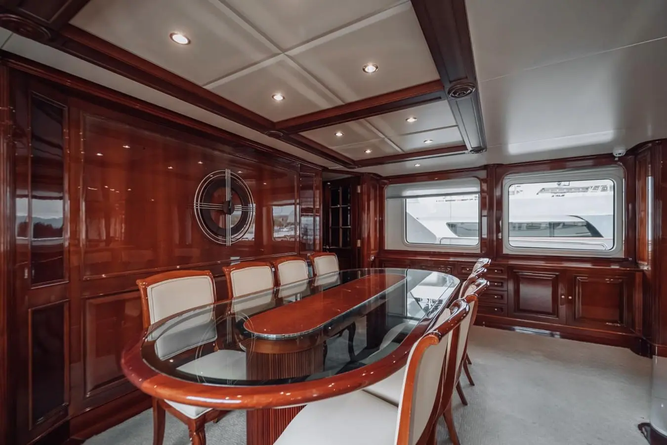 Benetti 30m salon and dining area looking aft, broker photo