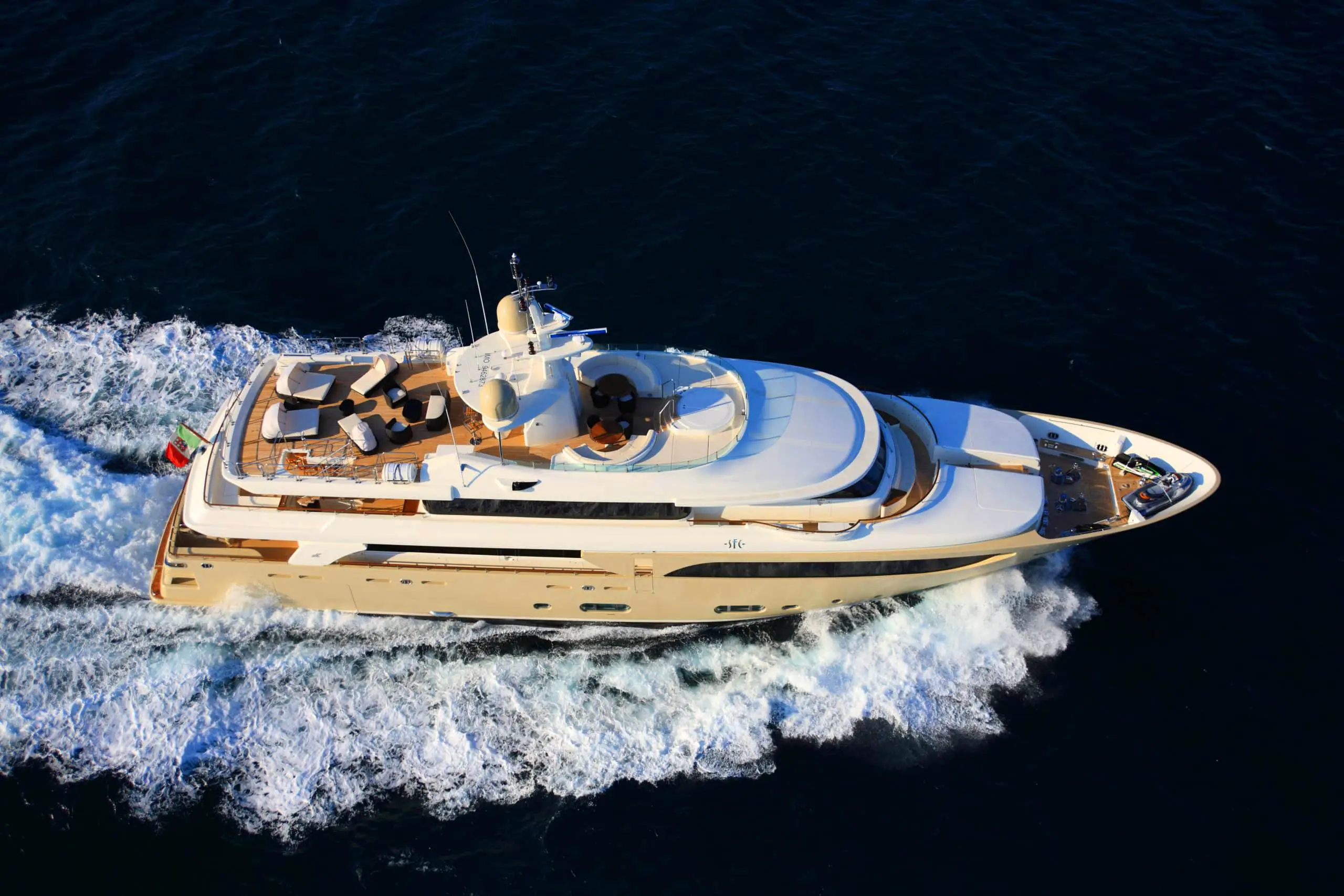 MILA 141 superyacht cruising at night in the Arabian Gulf