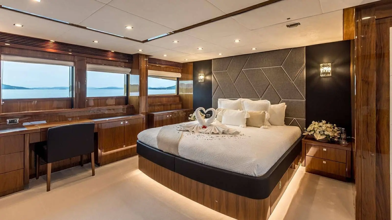 Sunseeker 37M full-beam master cabin with king bed, sea views