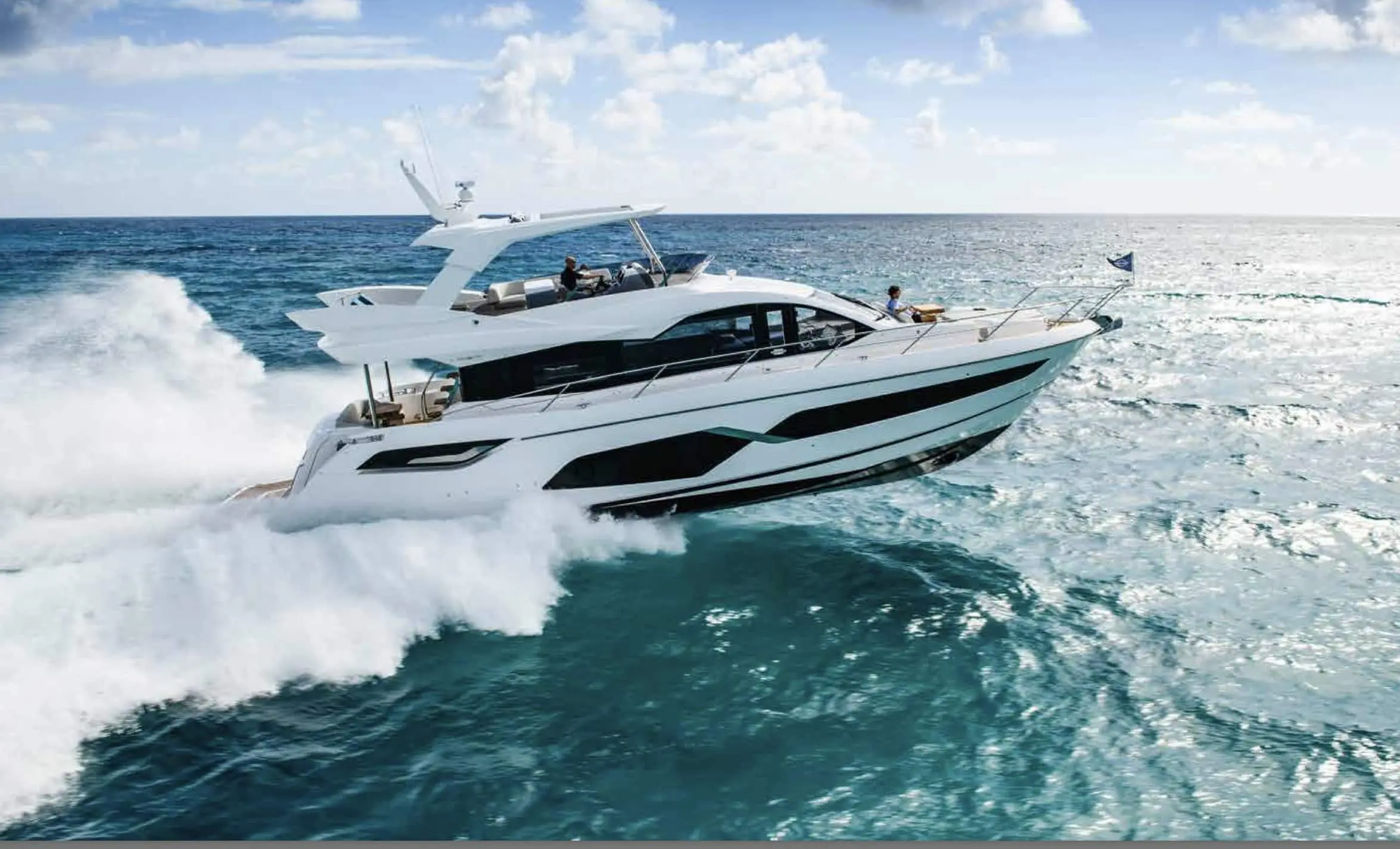 Sunseeker Manhattan 68 underway, aerial bow view — shipyard photo