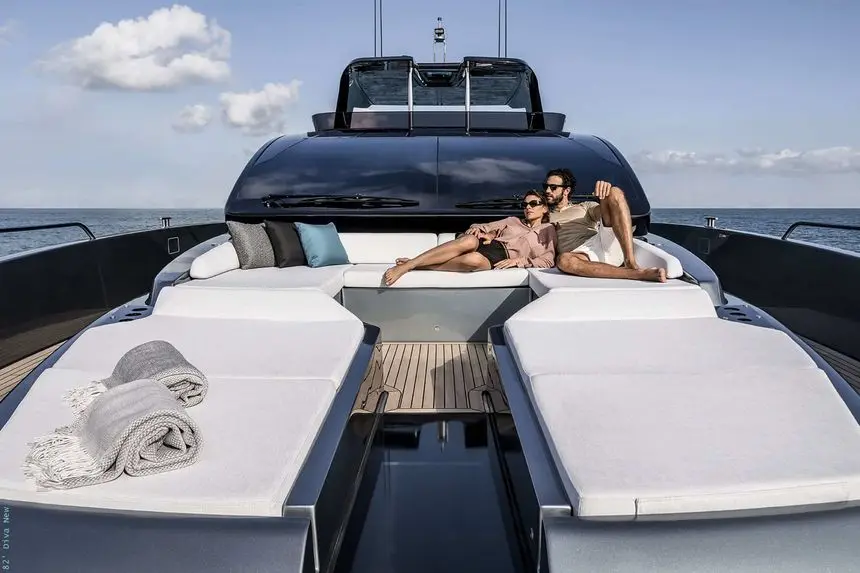 Riva 82 Diva foredeck sunpad lounge with twin daybeds, sea view
