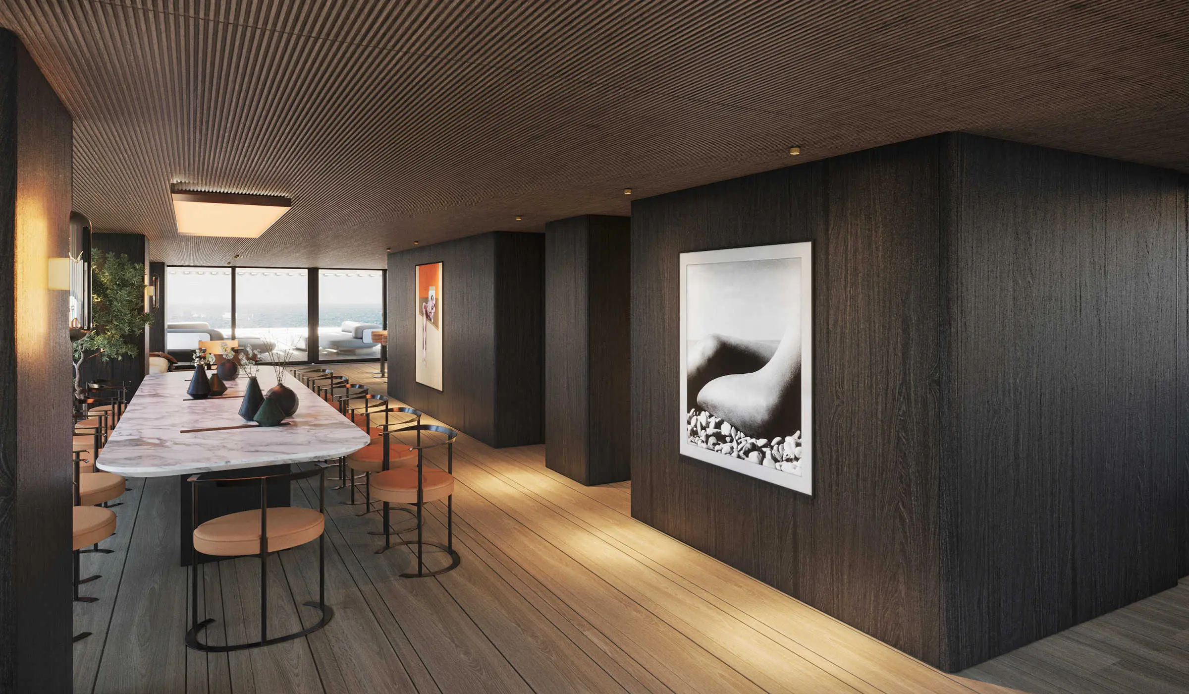 Benetti B.Yond 57M interior dining area, shipyard rendering