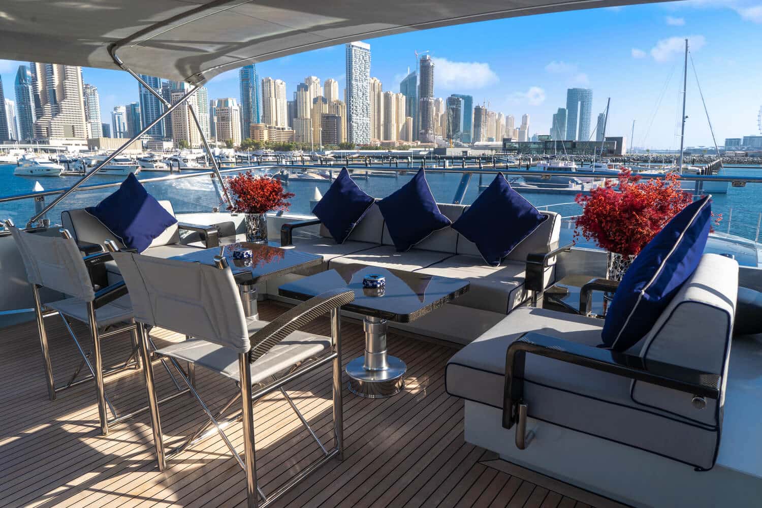 Baglietto 105 HT aft deck lounge with Dubai Marina skyline