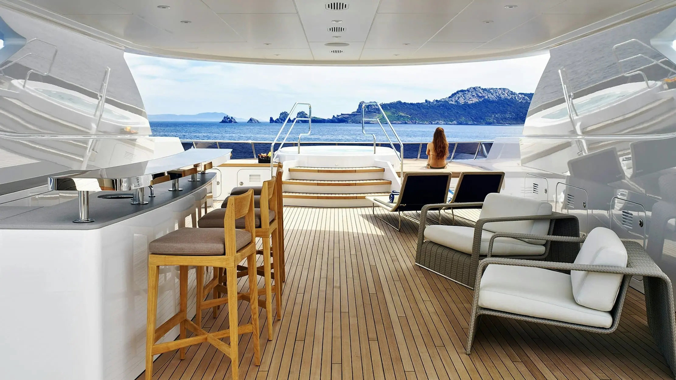 Outdoor dining and seating area on Sofiya 153 yacht