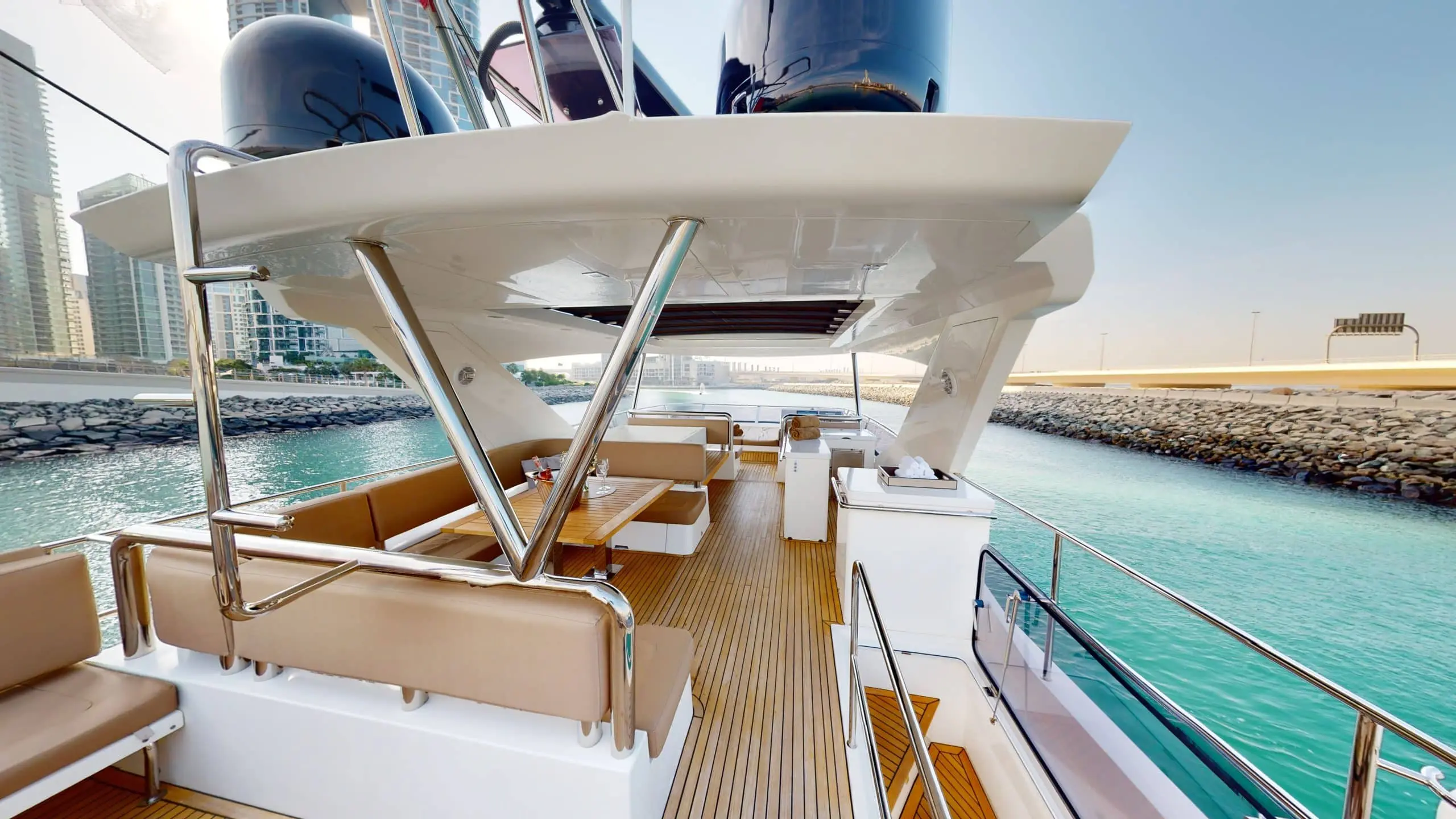 Galeon 780 F1 luxury yacht flybridge walkway with teak flooring and premium seating