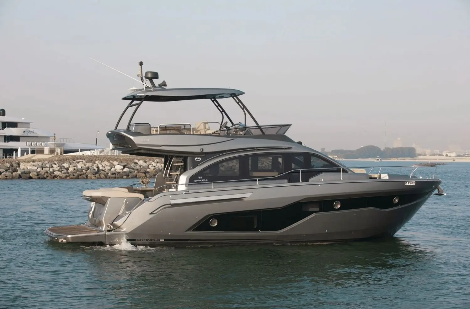 Cranchi 52 Evoluzione starboard profile at anchor off Dubai