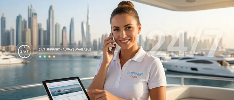 Dubriani crew member on the phone with a tablet, marina in background, 24/7 support