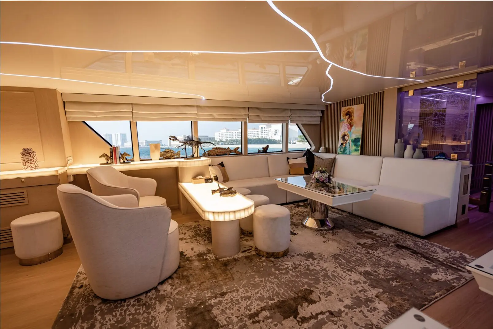 Spacious luxury yacht main salon with seating area on Finesse yacht