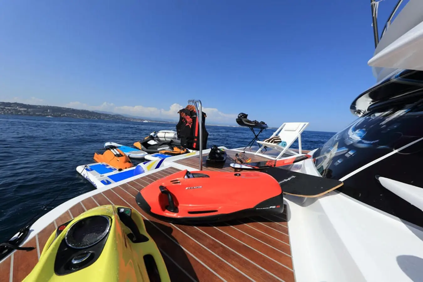 Baia 100 swim platform water sports gear viewed from deck