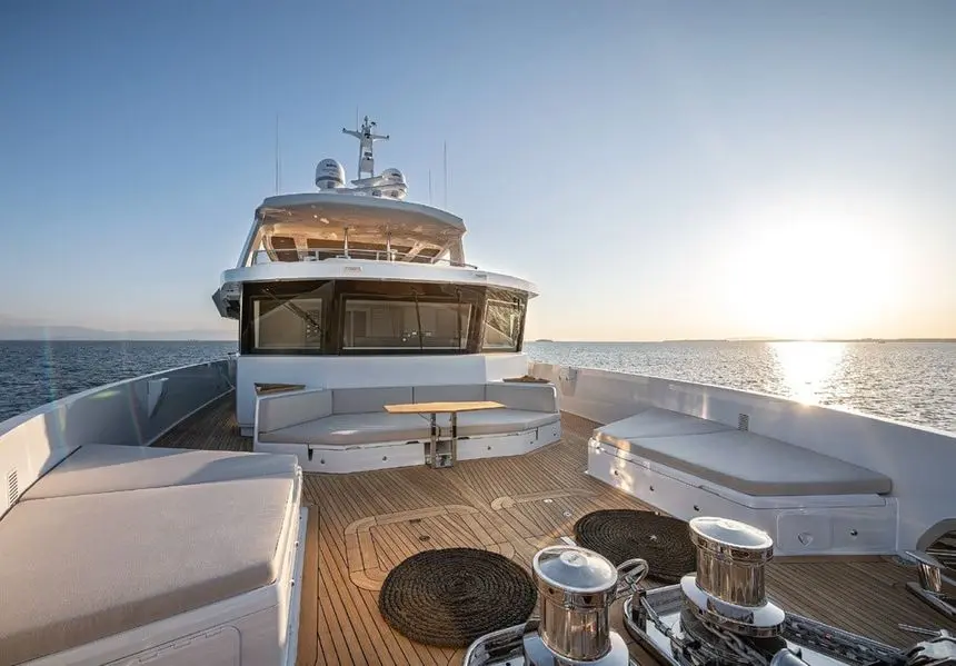 Numarine 40MXP foredeck lounge facing the wheelhouse — shipyard photo