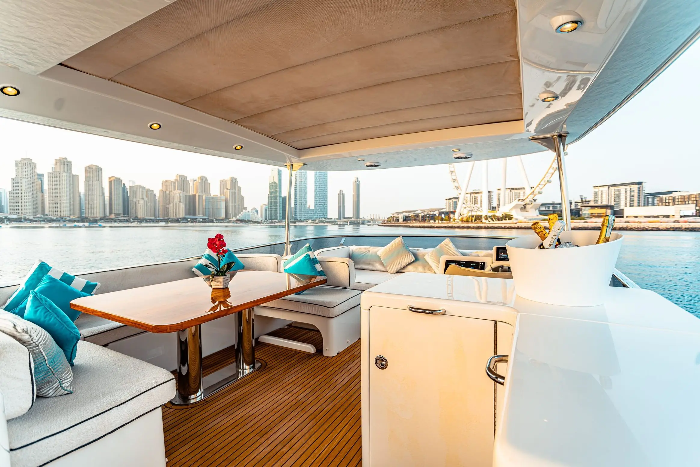 Azimut 70 Migueria yacht outdoor lounge with skyline view