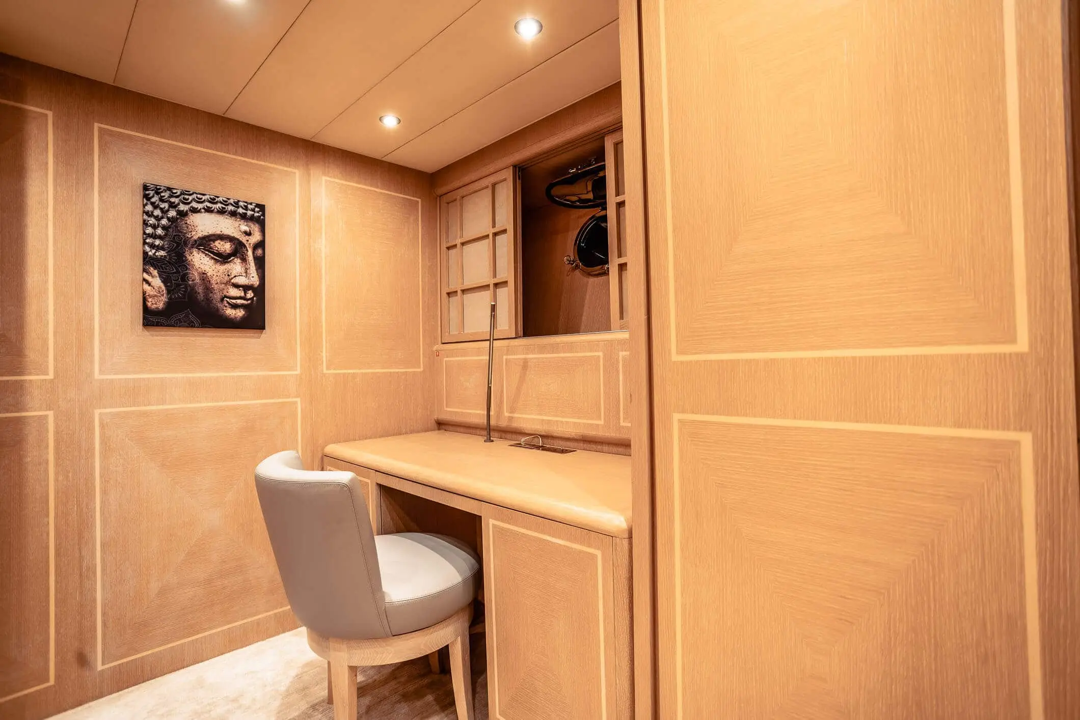 Baglietto 105 HT master cabin dressing area with vanity desk
