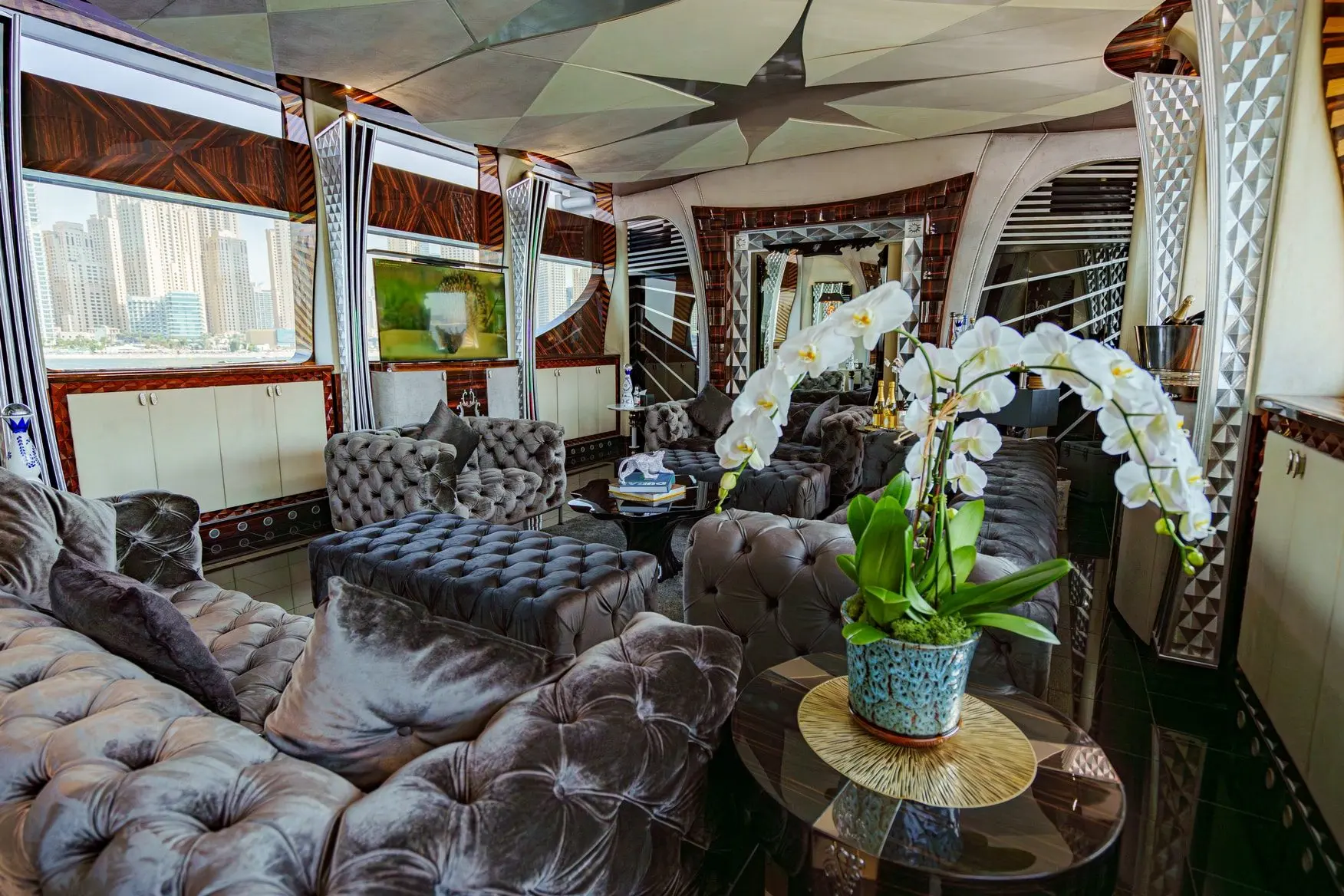 Thunder Superyacht luxury lounge seating with designer coffee table and sea views