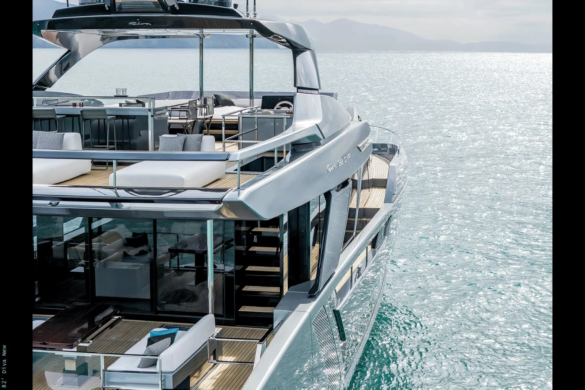 Riva 82 Diva stern quarter showing side decks and cockpit lounge