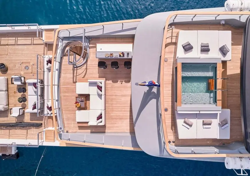 Sanlorenzo 500EXP sundeck bar and jacuzzi from above, broker photo