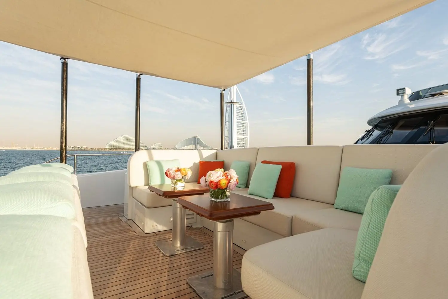 Heesen 5000 bridge deck aft lounge with Burj Al Arab backdrop