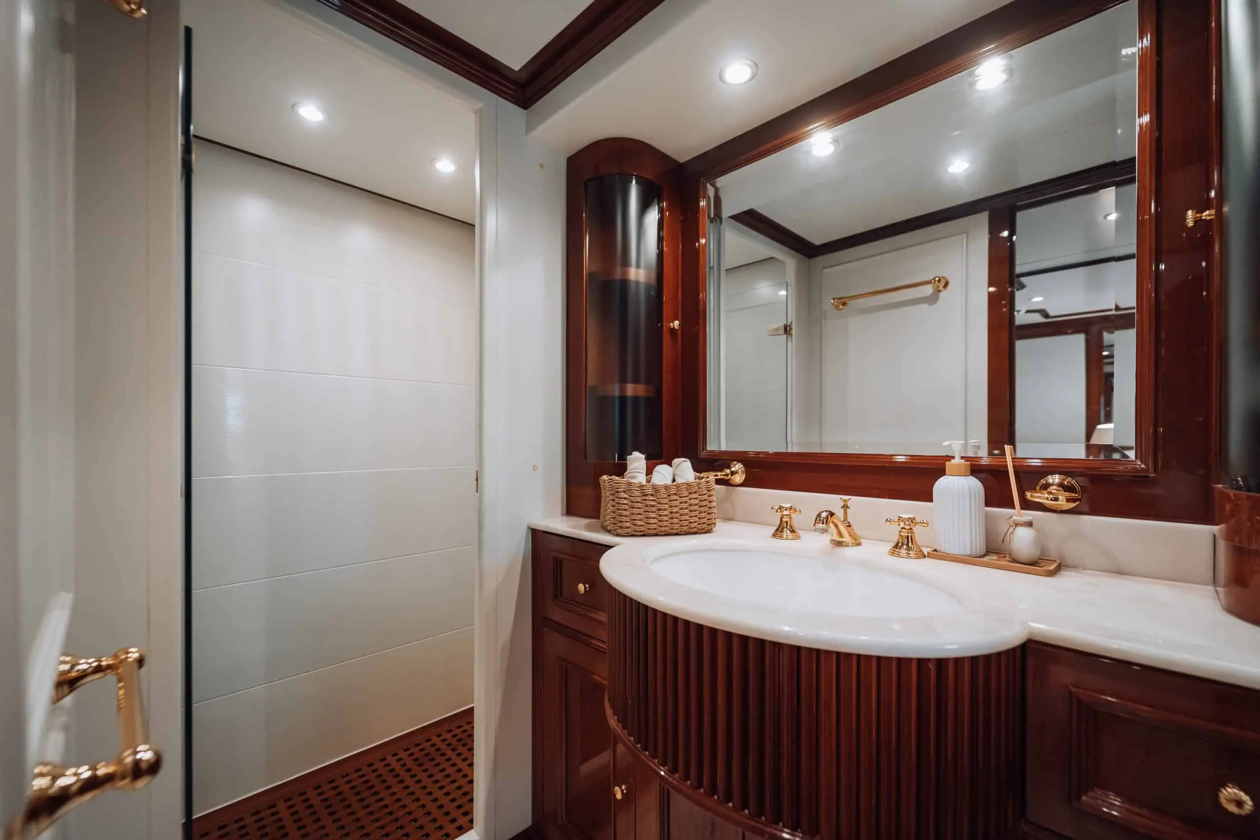 Luxury ensuite bathroom on Royal Mirage yacht with marble countertop
