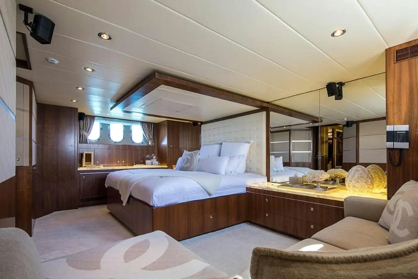 Zeta 100 yacht master cabin with king size bed and luxury interior