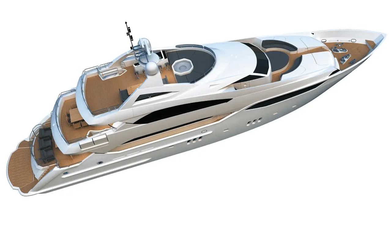 Sunseeker 40M aerial three-quarter deck view — shipyard render
