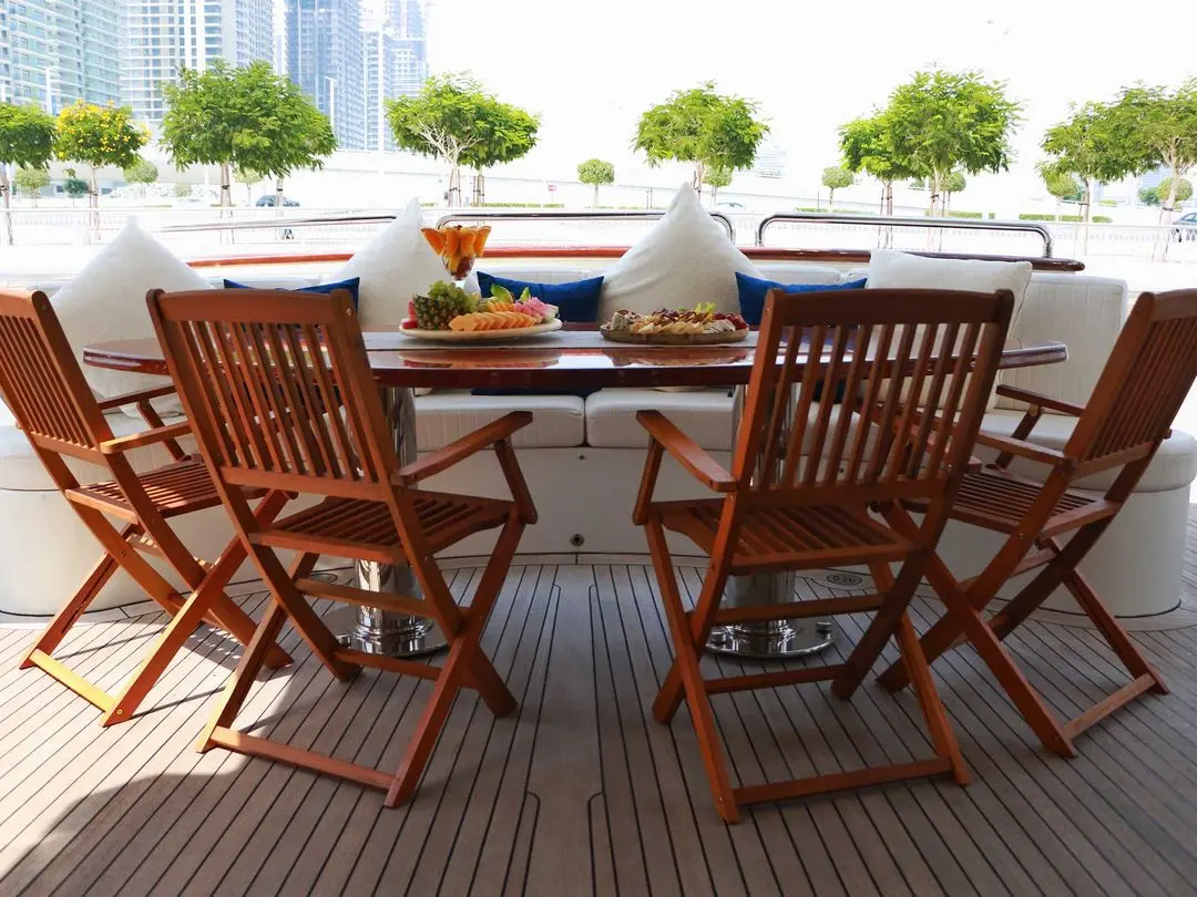 Royal Mirage yacht outdoor deck seating with city view