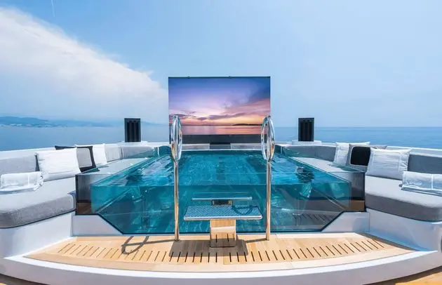 Tankoa S501 aft deck pool and sunpad area, shipyard photo