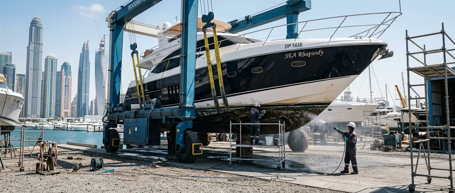 Yacht hauled out on a boatyard lift for antifouling preparation in Dubai