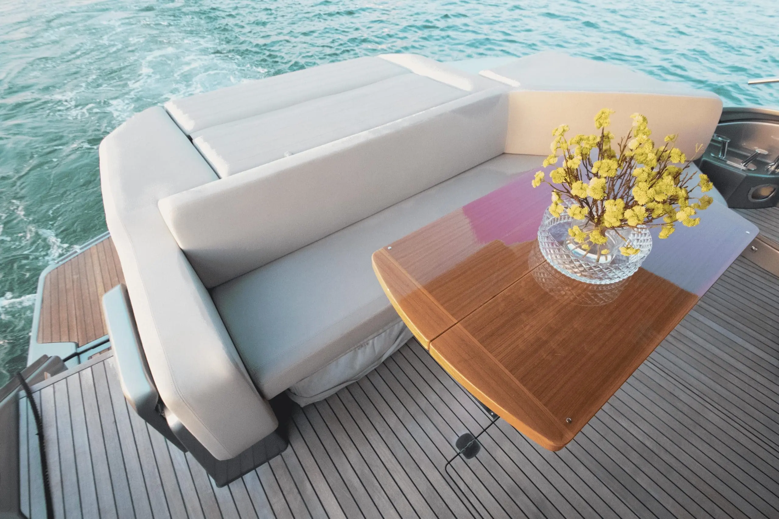 Cranchi 52 Evoluzione cockpit dining table with teak detailing