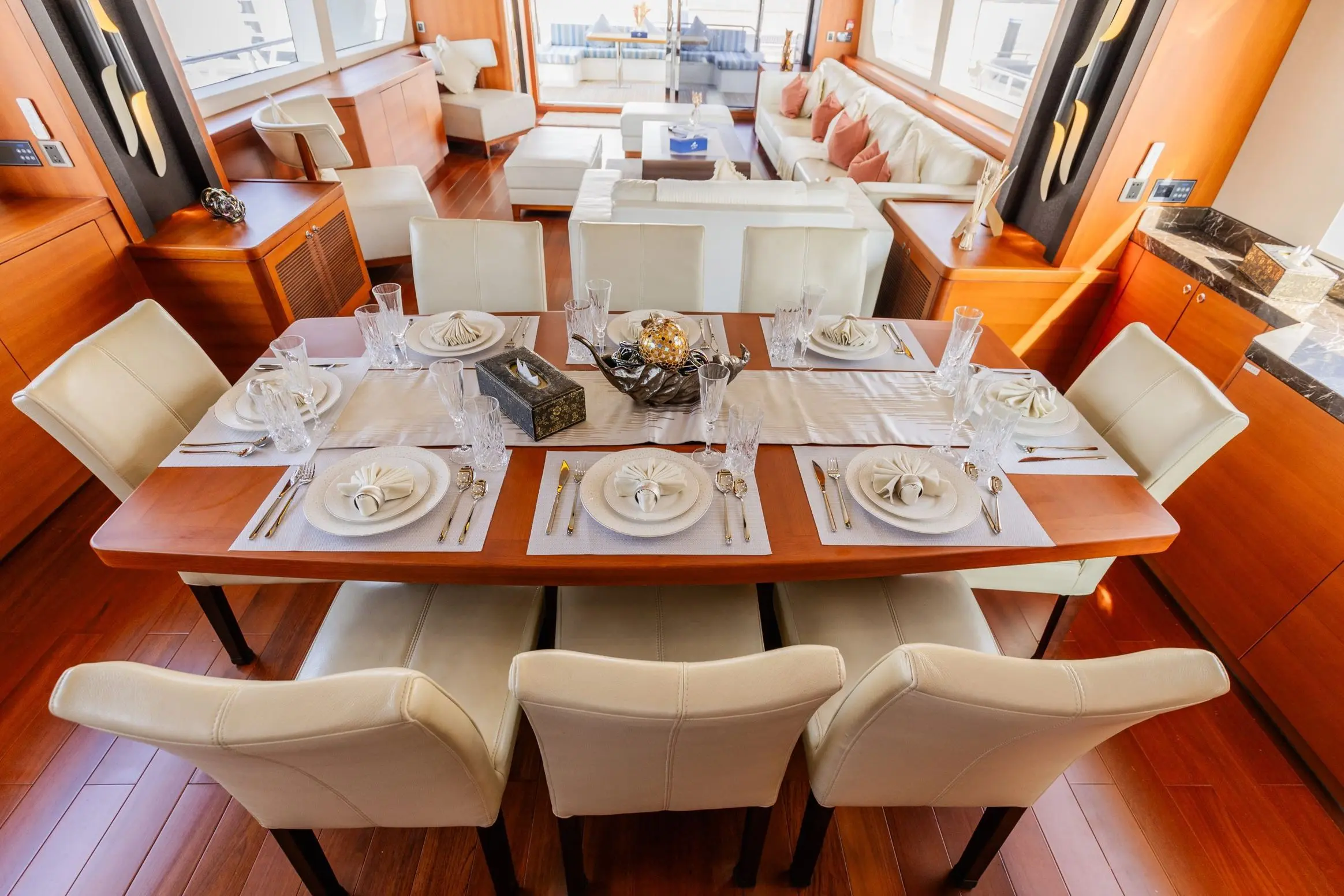 Cante 97 yacht formal dining table setup with elegant place settings