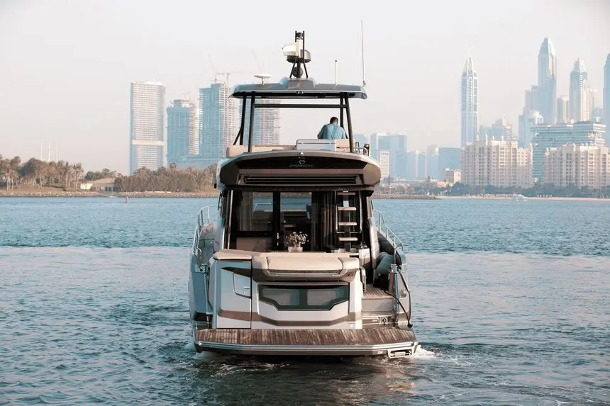 Cranchi 52 Evoluzione stern view underway with wake astern