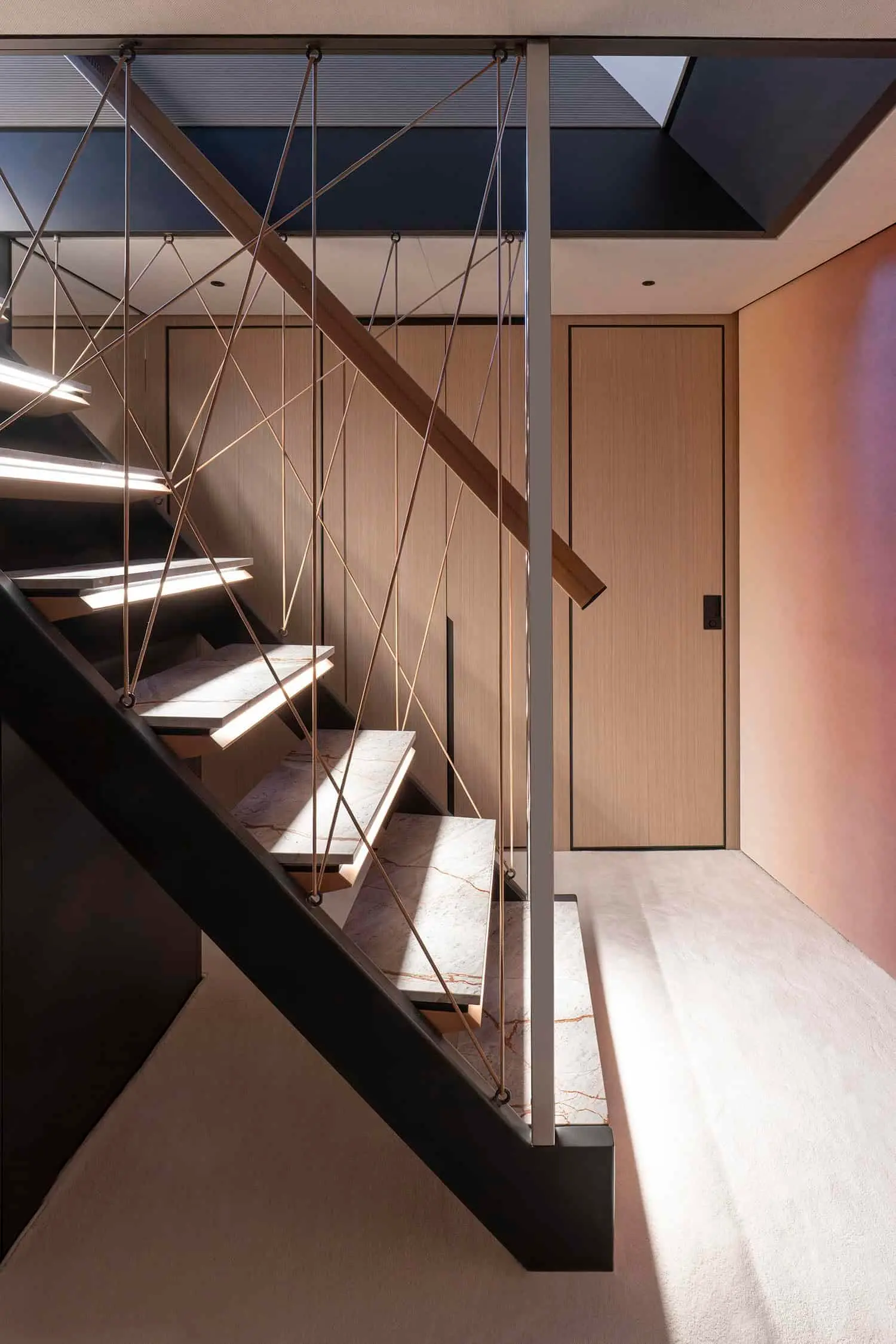 Azimut Grande 36M glass and steel staircase linking the decks, shipyard photo