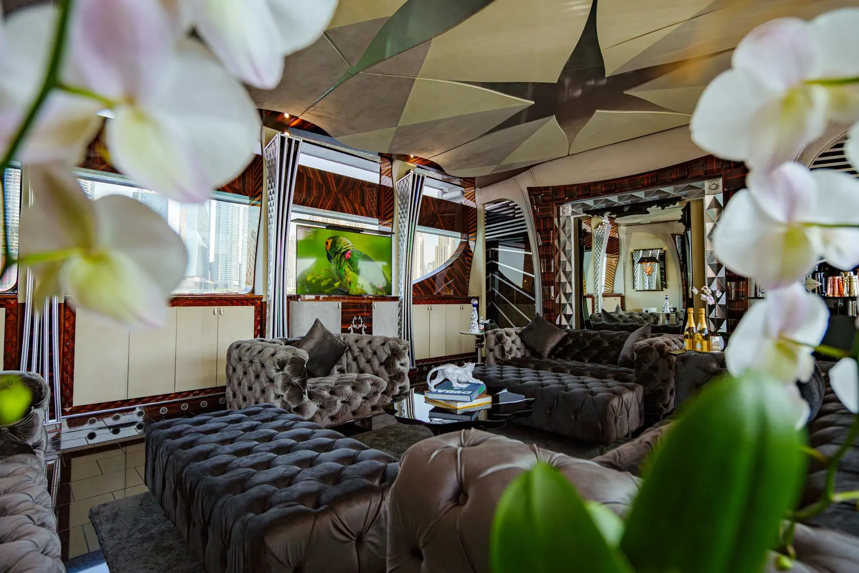 Thunder Superyacht interior salon with classic furniture and large sea-view windows