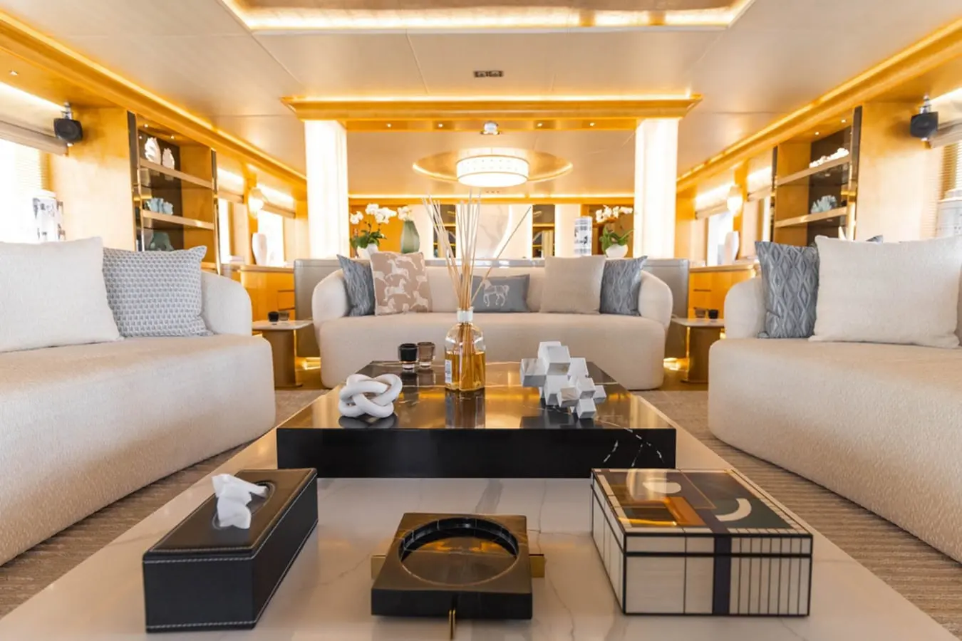 Majesty 155 main salon sofas and coffee table, broker photo