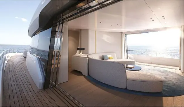 Azimut Grande 36M side deck walkway alongside the salon glazing, shipyard rendering