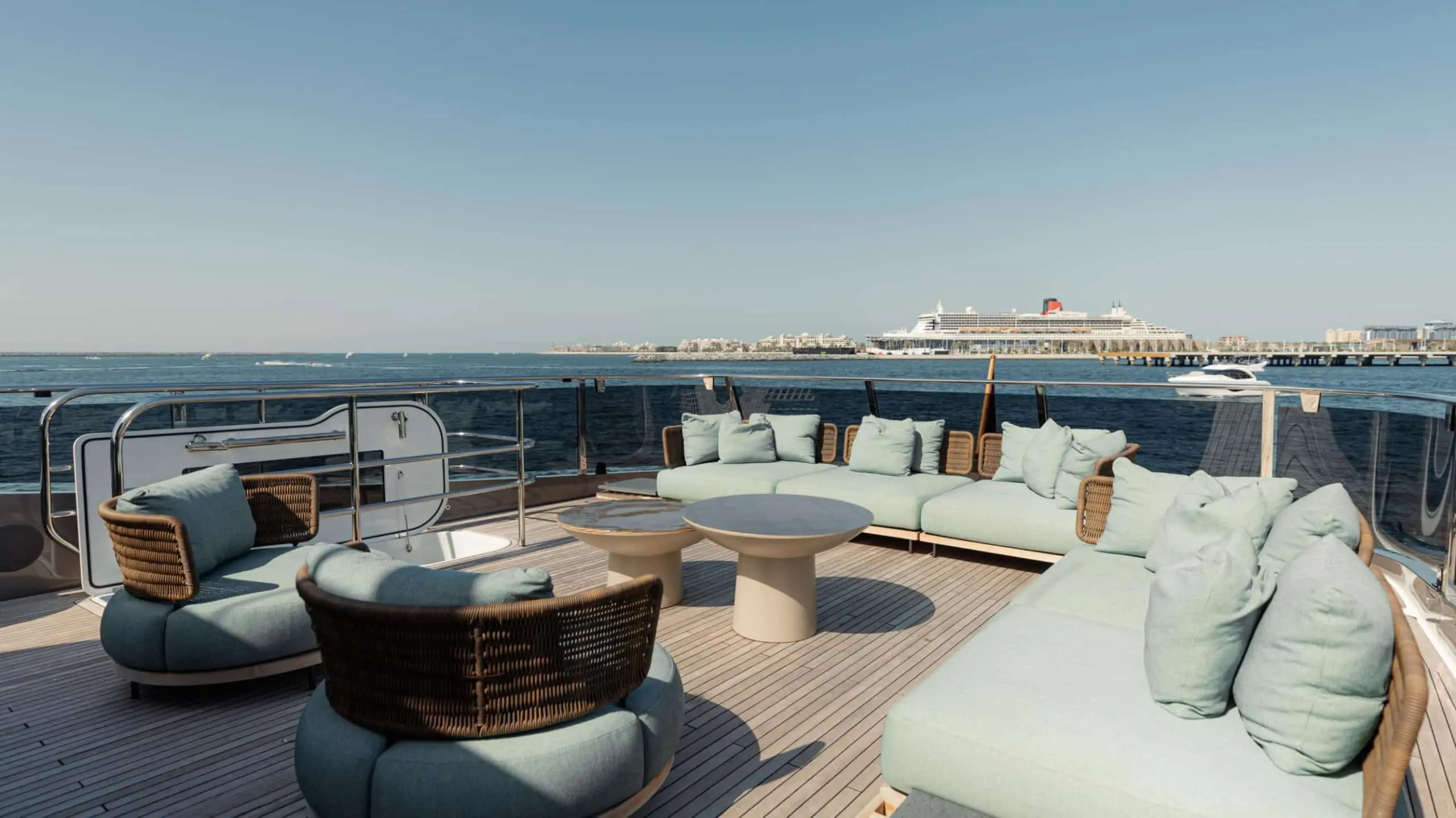 Princess X95 flybridge lounge with open sea view