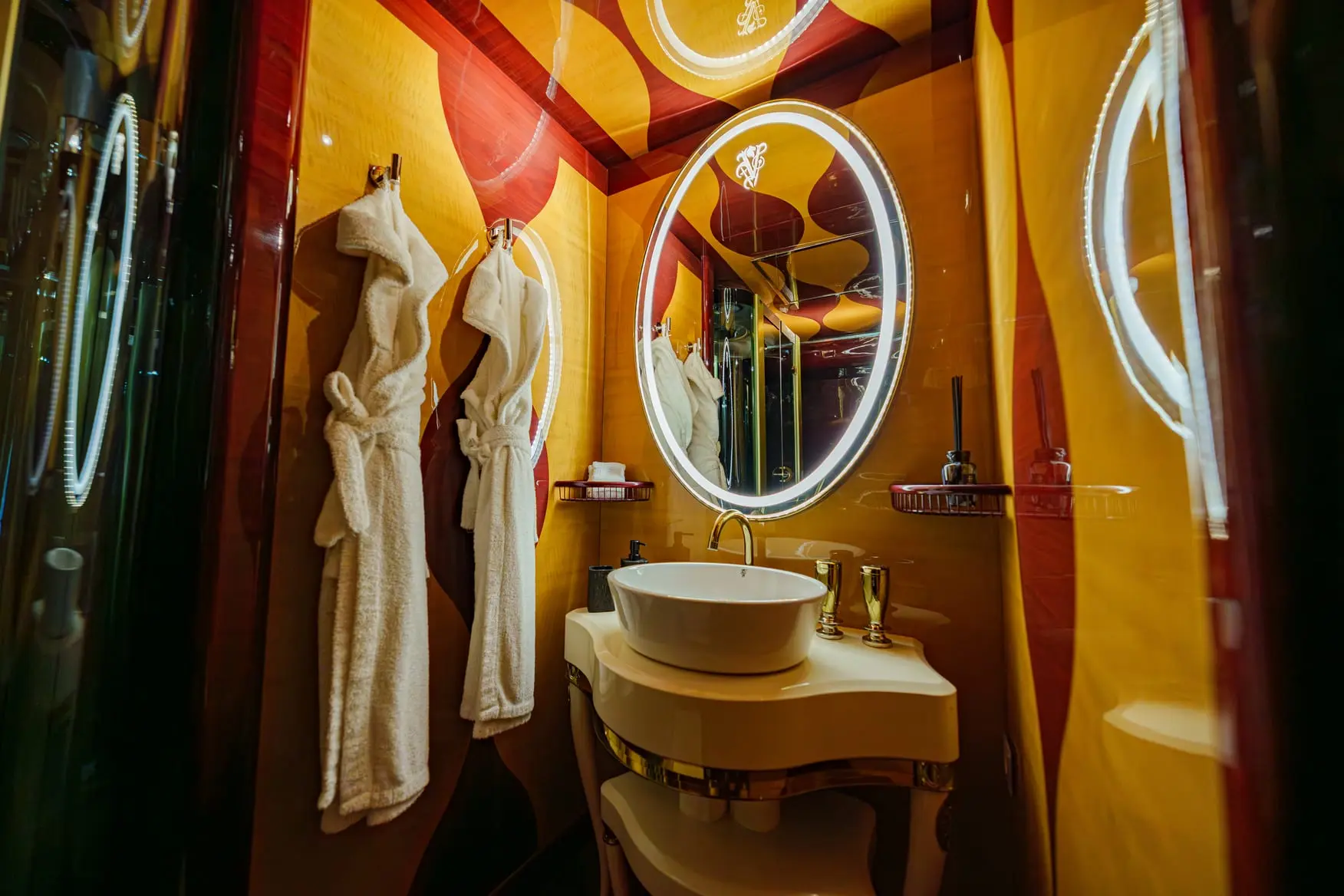 Thunder Superyacht vanity area with mirror and luxury interior detailing
