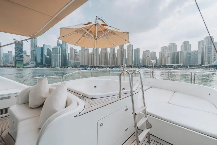 Benetti 30m flybridge seating with Dubai Marina skyline, broker photo