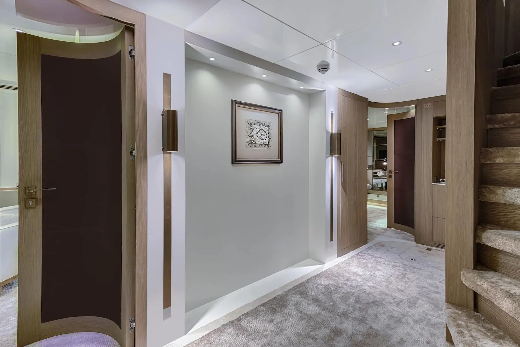 Skyfall 177 yacht interior hallway with modern lighting and artwork