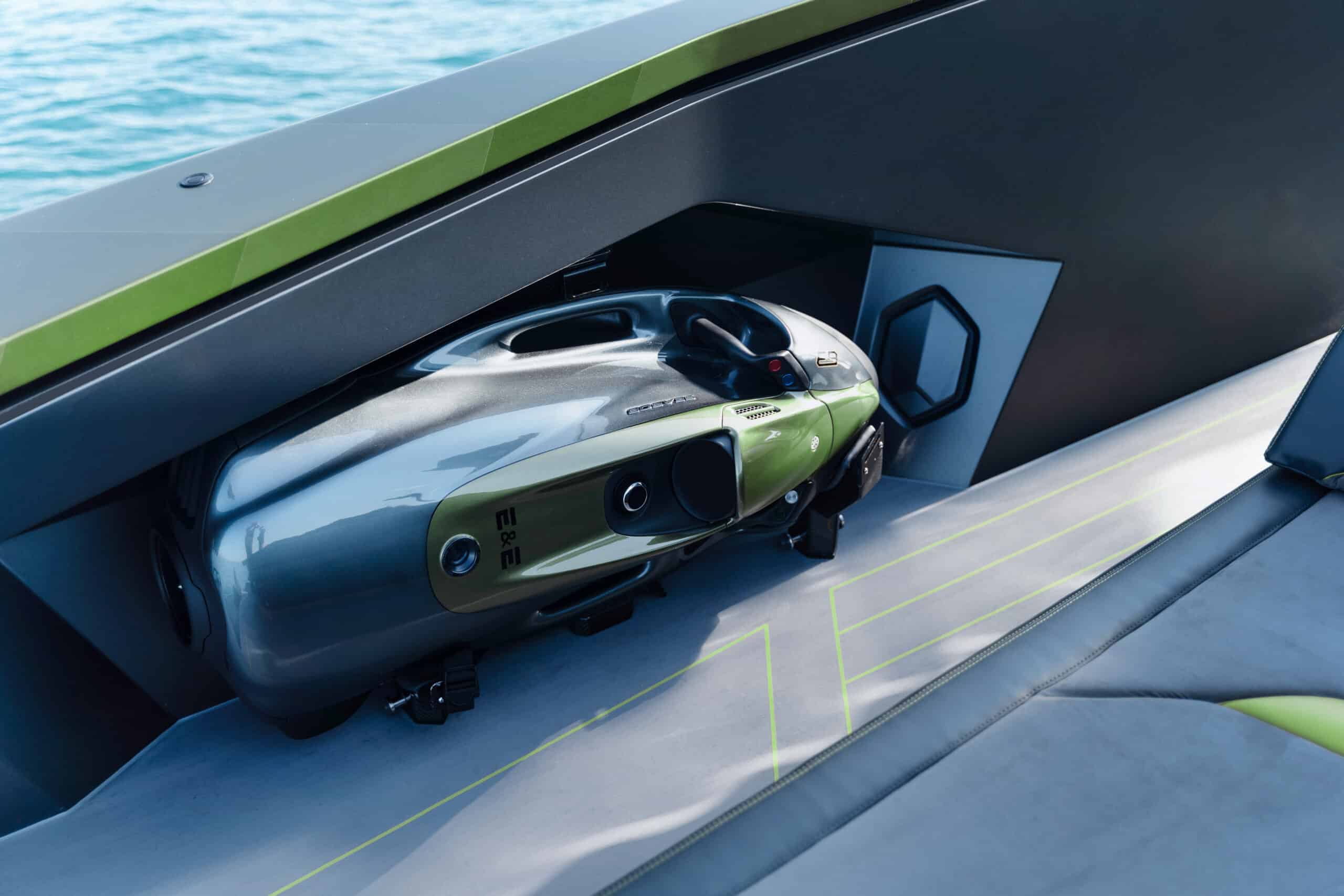 Tecnomar Lamborghini 63 side locker with SeaBob, shipyard photo