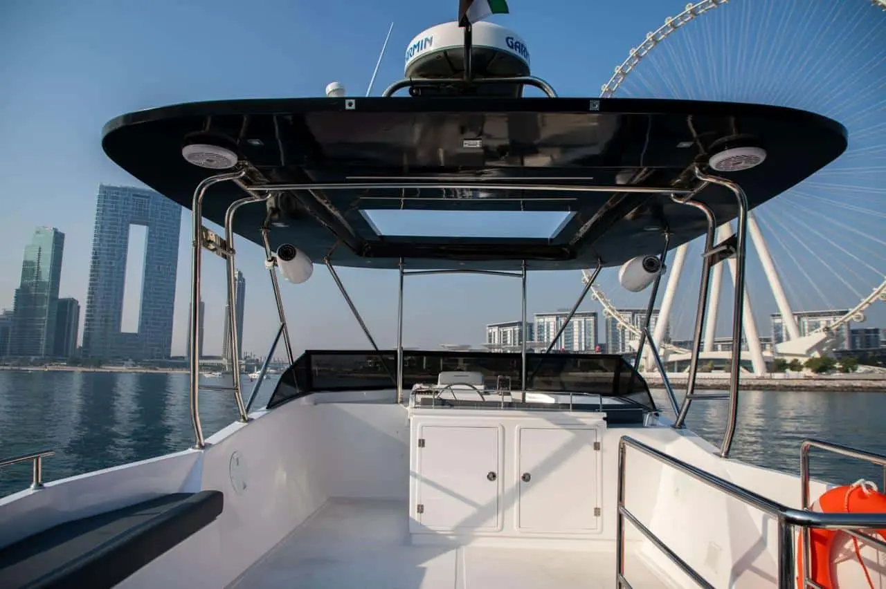 Upper helm station and seating area on Zenith 64 yacht