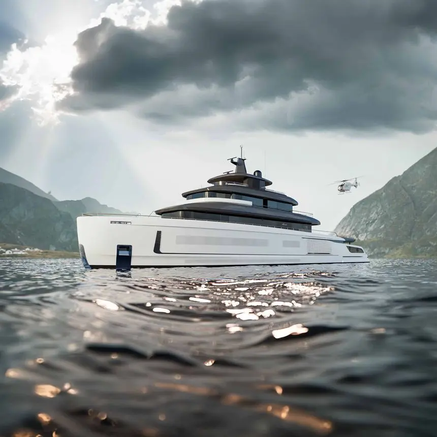 Benetti B.Yond 57M bow quarter view underway with helicopter overhead, shipyard rendering