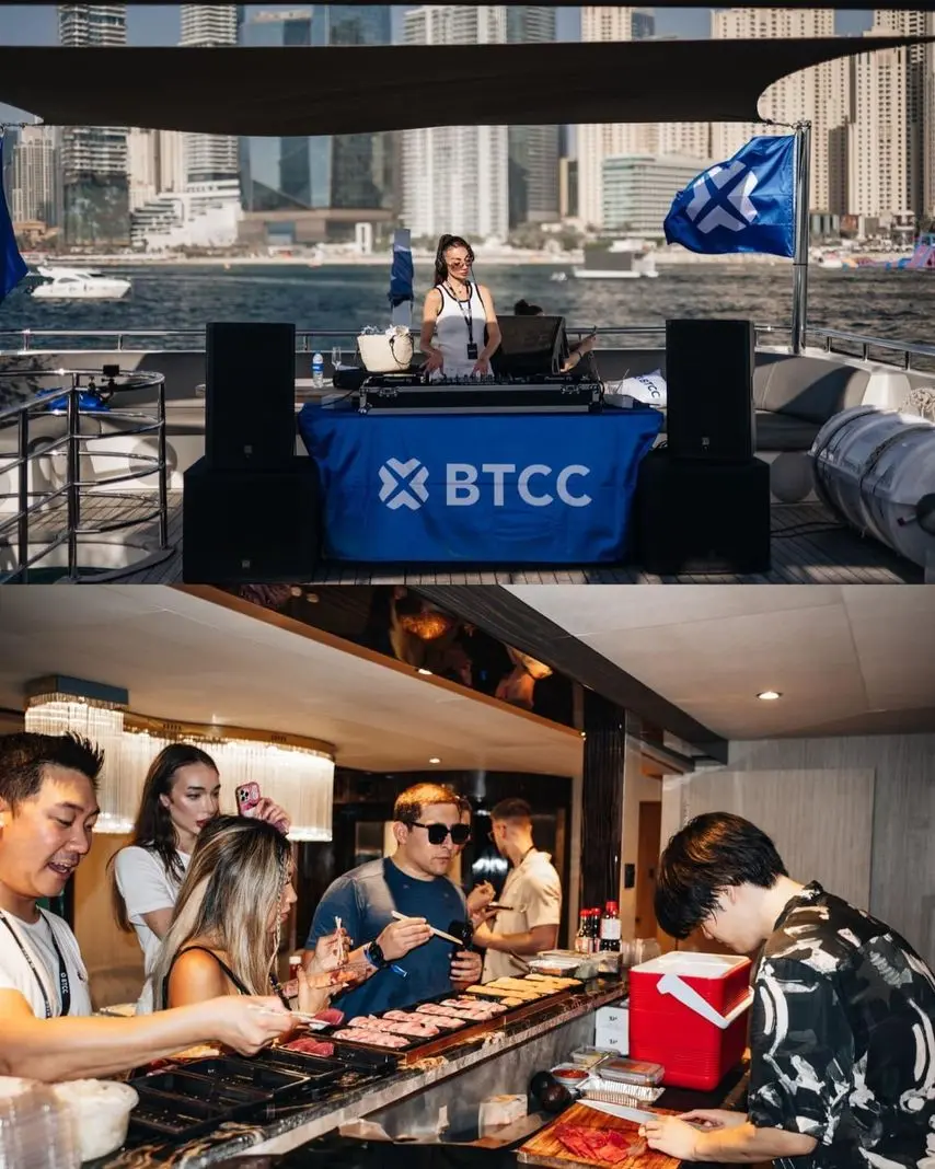 Branded corporate yacht event setup with BTCC display and DJ booth in Dubai