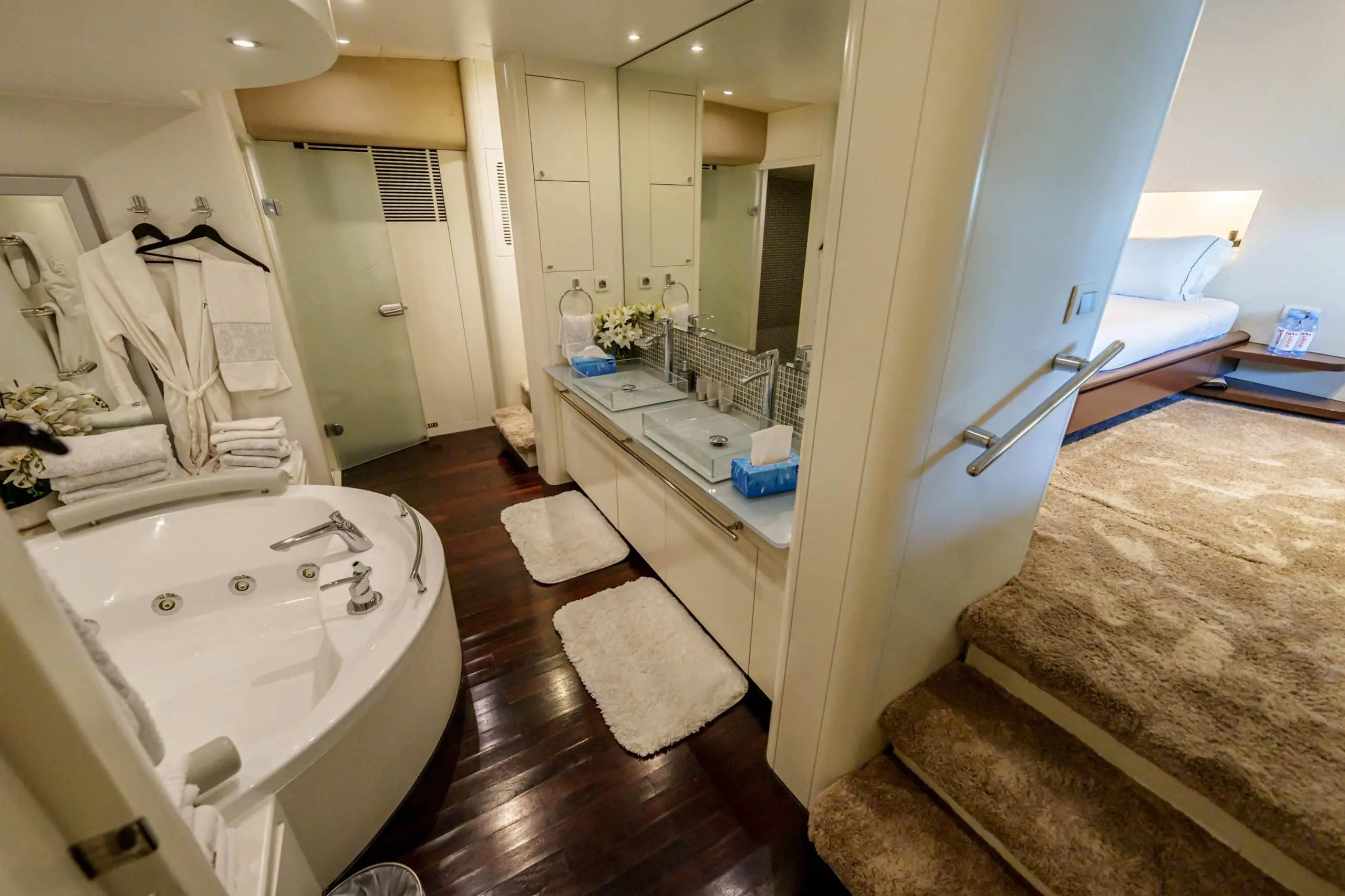 Luxury yacht bathroom interior with mirror and sink on Tatti 110